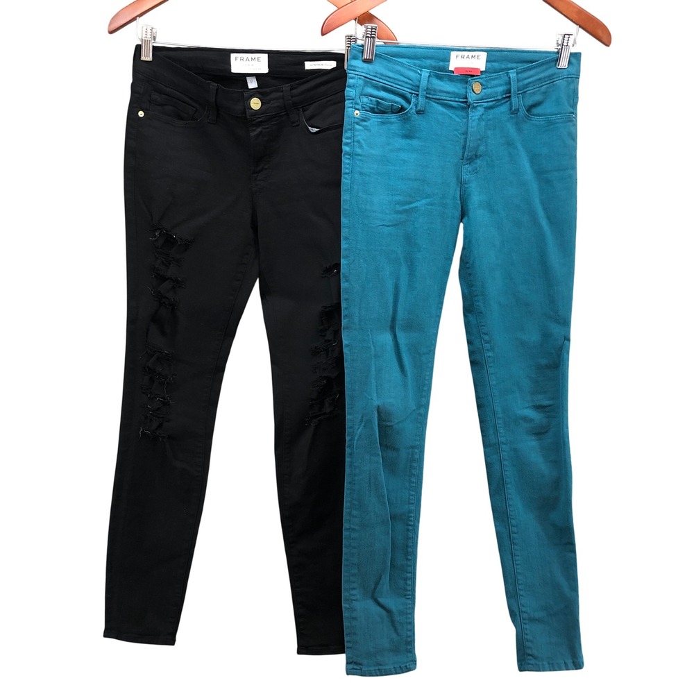 FRAME Le Skinny de Jeanne Jeans Lot Womens 27 28 Black Teal‎ Distressed Bundle